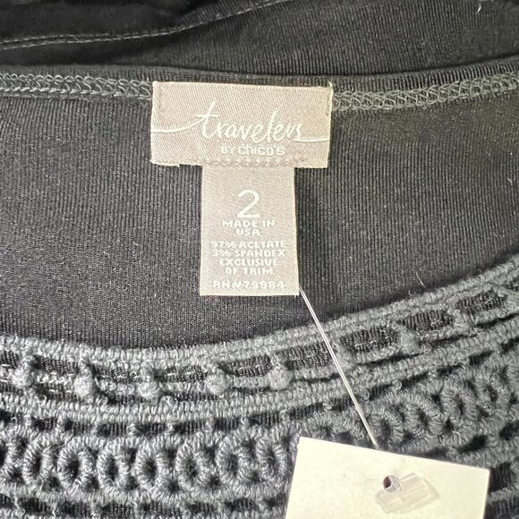 Chico's Travelers Slinky Crochet Neck Trim Top 3/4 Sleeve Size 2 L 12 NWT - Picture 6 of 7